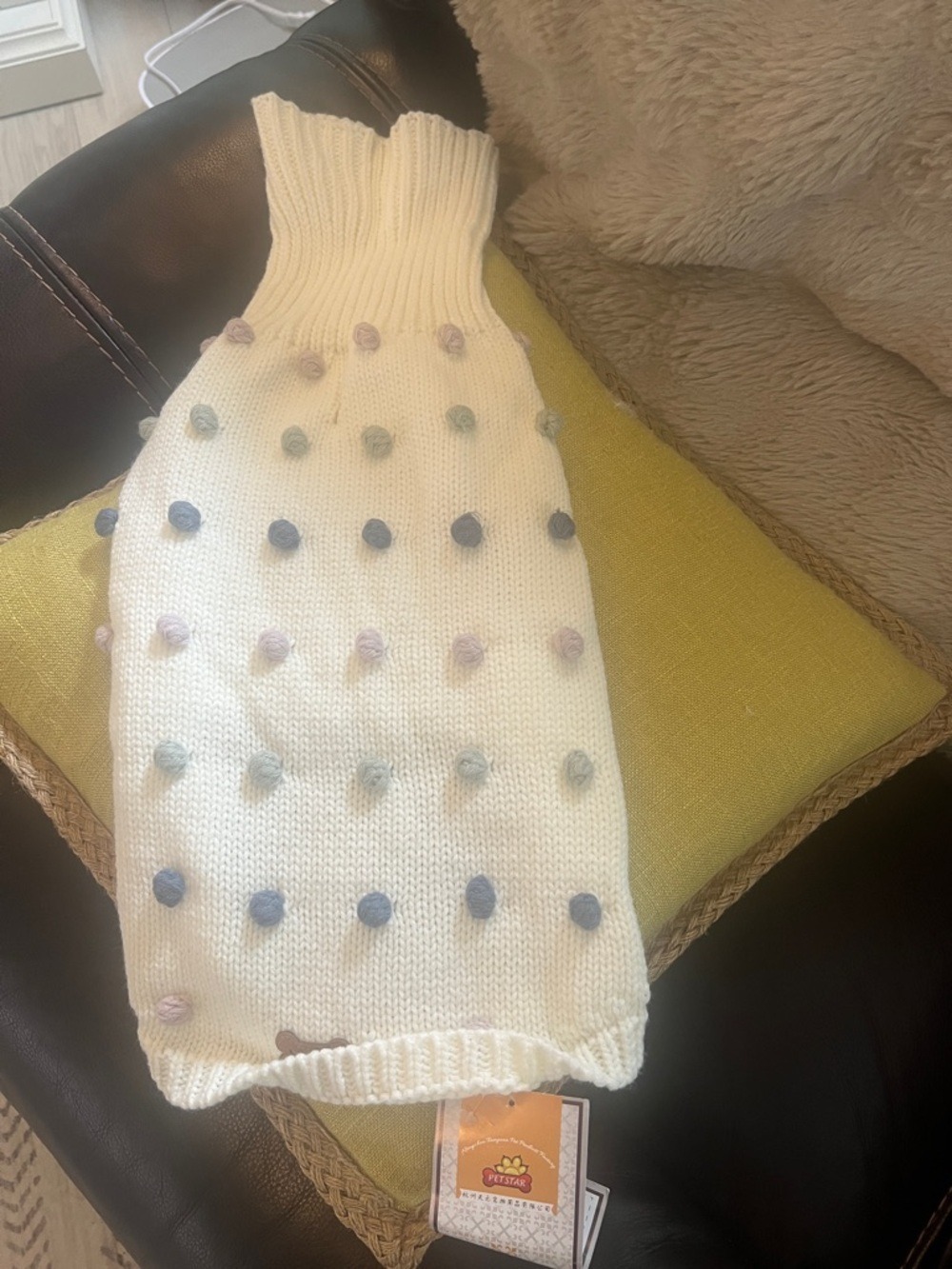 Target Cream Knit Dog Sweater with Pastel Pom Poms